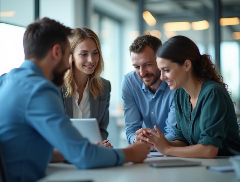 A diverse team of professionals collaborating in a modern office environment, symbolizing innovation and partnership.